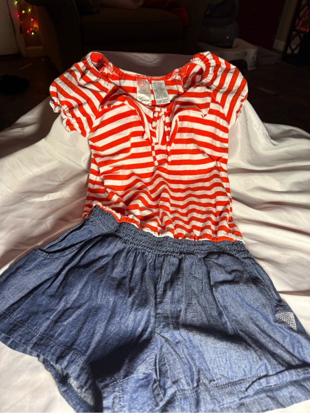 Guess Red & White Striped Top with Denim-Look Bottom Romper. One piece. Kids 7